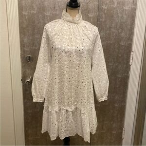 Scanlan Theodore White Lace Long Sleeve eyelet Dress, M